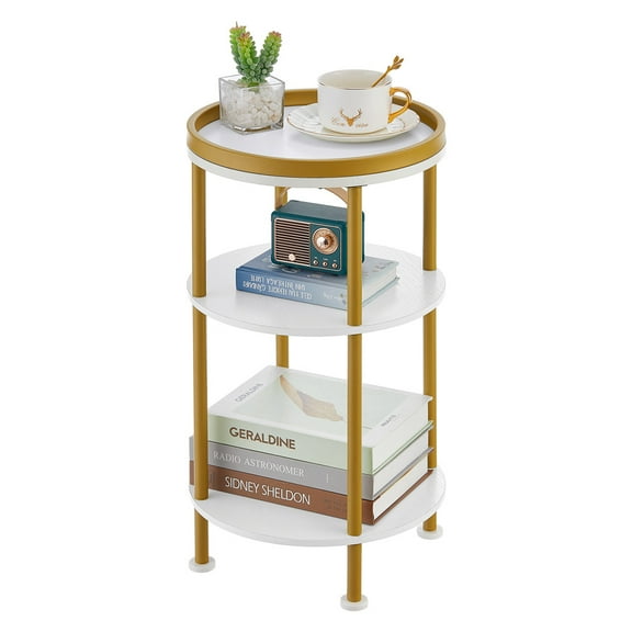 Small Round Side Table for Small Spaces, 3-Tier Round Accent Table Slim Side Table, Modern Sofa Corner Table for Living Room Nightstand Bedroom (White Gold)