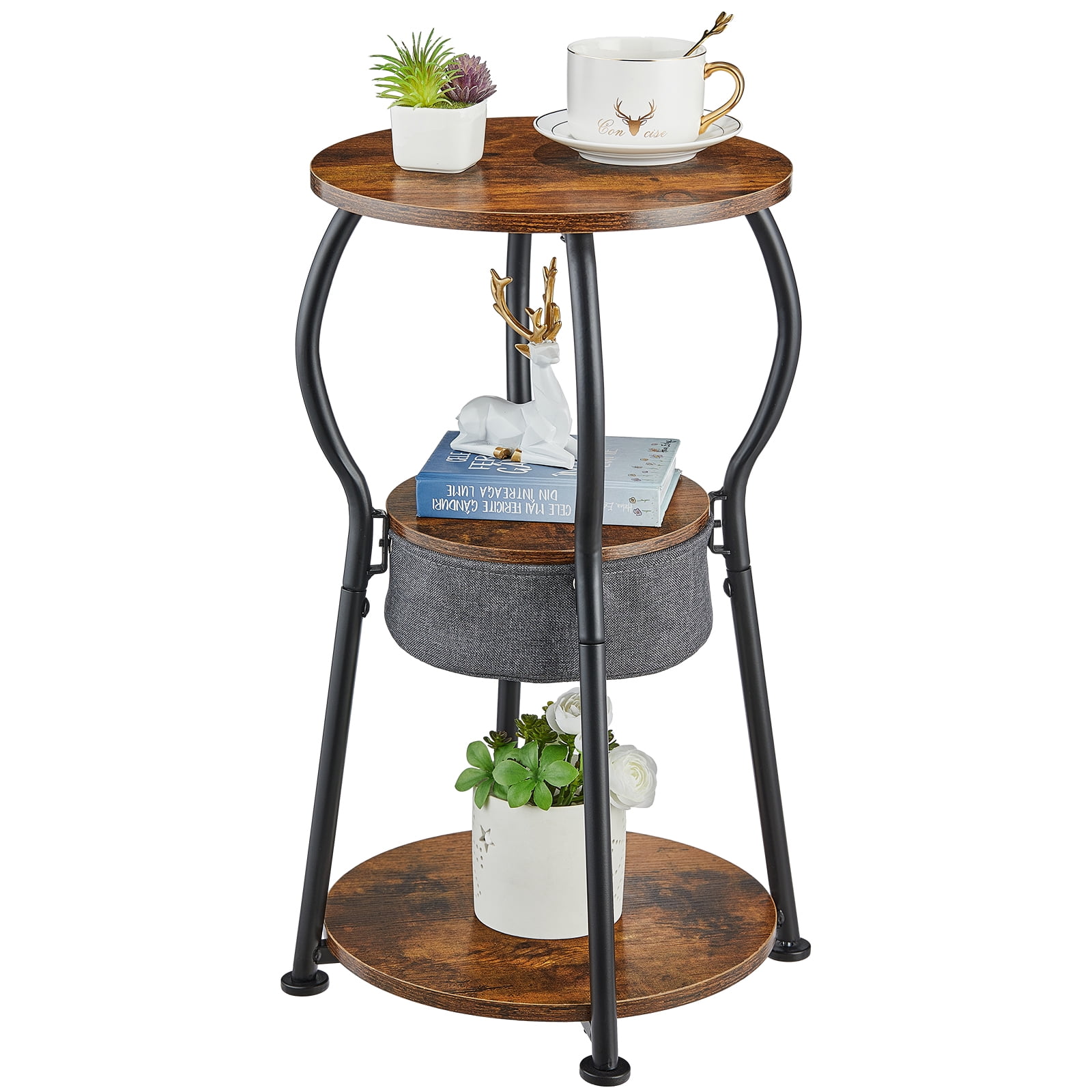 Small Round Side Table with Storage Bag, 3-Tier Accent Round End Table ...