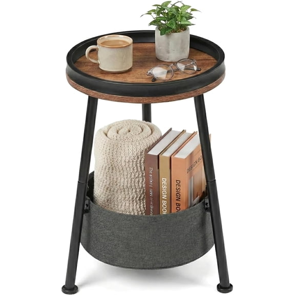 Small Round Side Table with Storage Basket, 11.8" Compact End Table with Tray Top & Fabric Bin, Rustic Wood Bedside Nightstand for Living Room, Bedroom, Small Spaces