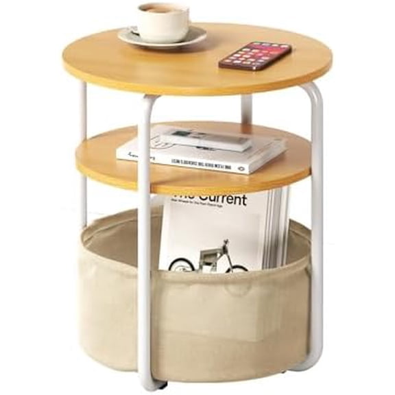 Small Round Side Table with Storage Basket, 3-Tier Accent Round End Table with Storage Functions for Living Room, 23.6" h Vintage Sofa Corner Table for Bedroom Patio Nursery Bathroom