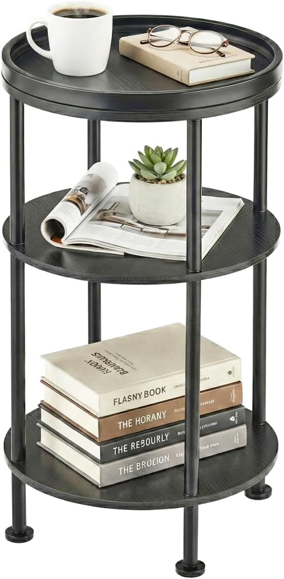 Small Table With Racks Small Round Side Table with Tray Top, 3-Tier Black End Table for Living ...