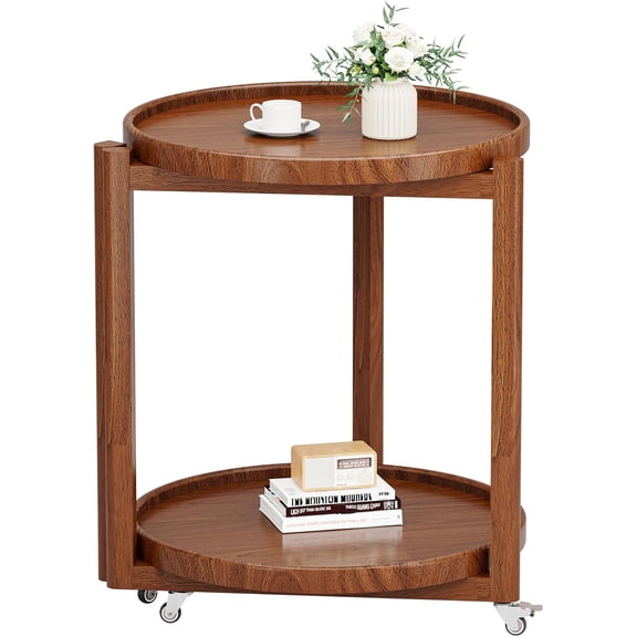 Small Round Side Table with Wheels Solid Wood 2 Tier End Table with Storage Mobile Nightstand for Small Spaces Rolling Side Table for Couch & Bedside Walnut 17.7"