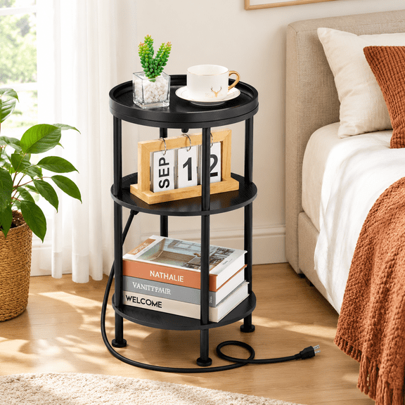 Small Round Side Table With Charging Station Black