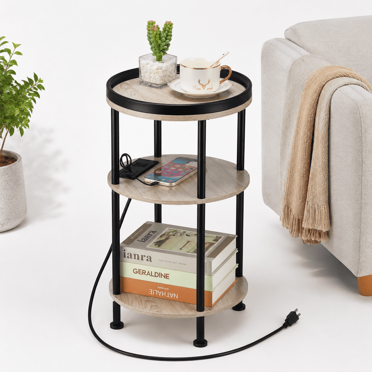 Compact Outlets For Kitchen Small Round Side Table With Charging Station For Spaces 3-tier Accentb ...