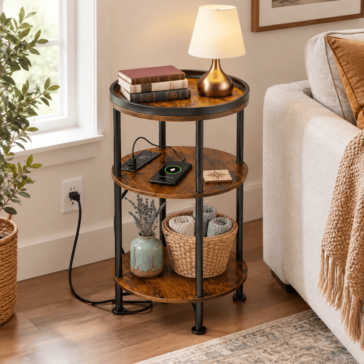 Round Rusty Table Small Round Side Table With Charging Station For Spaces Rustic Brown ...
