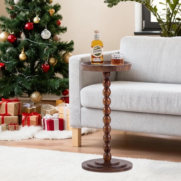 Small Round Side Table, Wood Drink End Table for Small Spaces, Martini Table for Bedside and Sofa Couch, Pedestal Cocktail Coffee Table with Raised Edge for Living Room, Bedroom, Corners (Walnut)