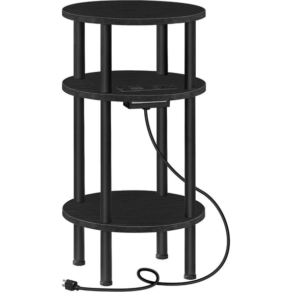 Small Round Side Table with Charging Station, 3-Tier Round End Table for Small Spaces, Nightstand for Living Room, Bedroom, Black