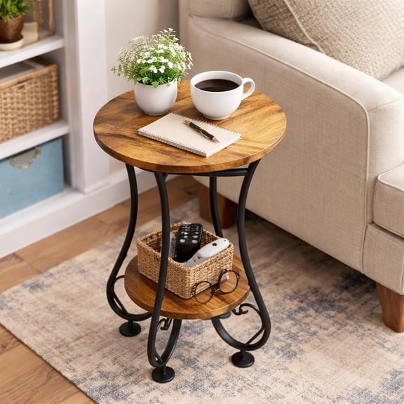Small Round Side Table with Lower Shelf for Compact Living Spaces, Rustic Spliced Wood End Table for Sofa Bedside Nightstand Coffee Drink Table