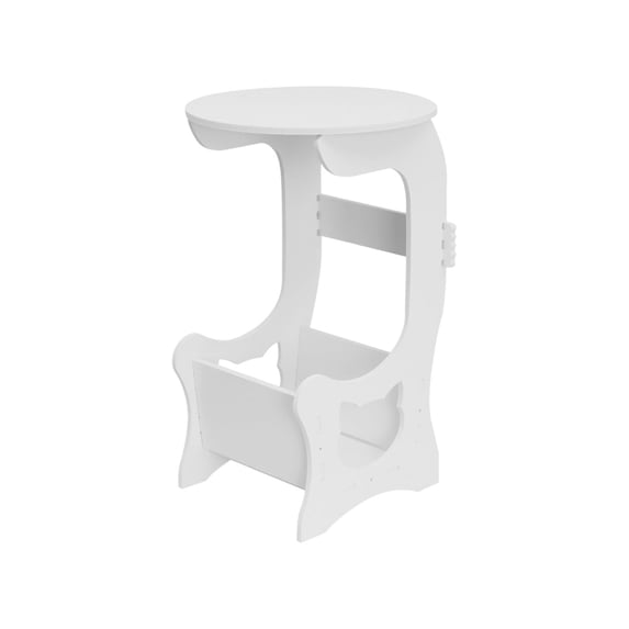 Small Round Side Table with Storage, White Compact End Table for Bedroom and Balcony, Space-Saving Nightstand for Small Rooms
