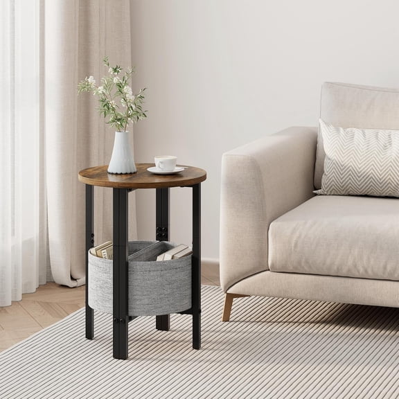 Small Round Side Tables, Set of 2 Accent End Tables with Storage Basket, Half Moon Modern Nightstands for Couch Living Room Bedroom & Small Spaces, Brown