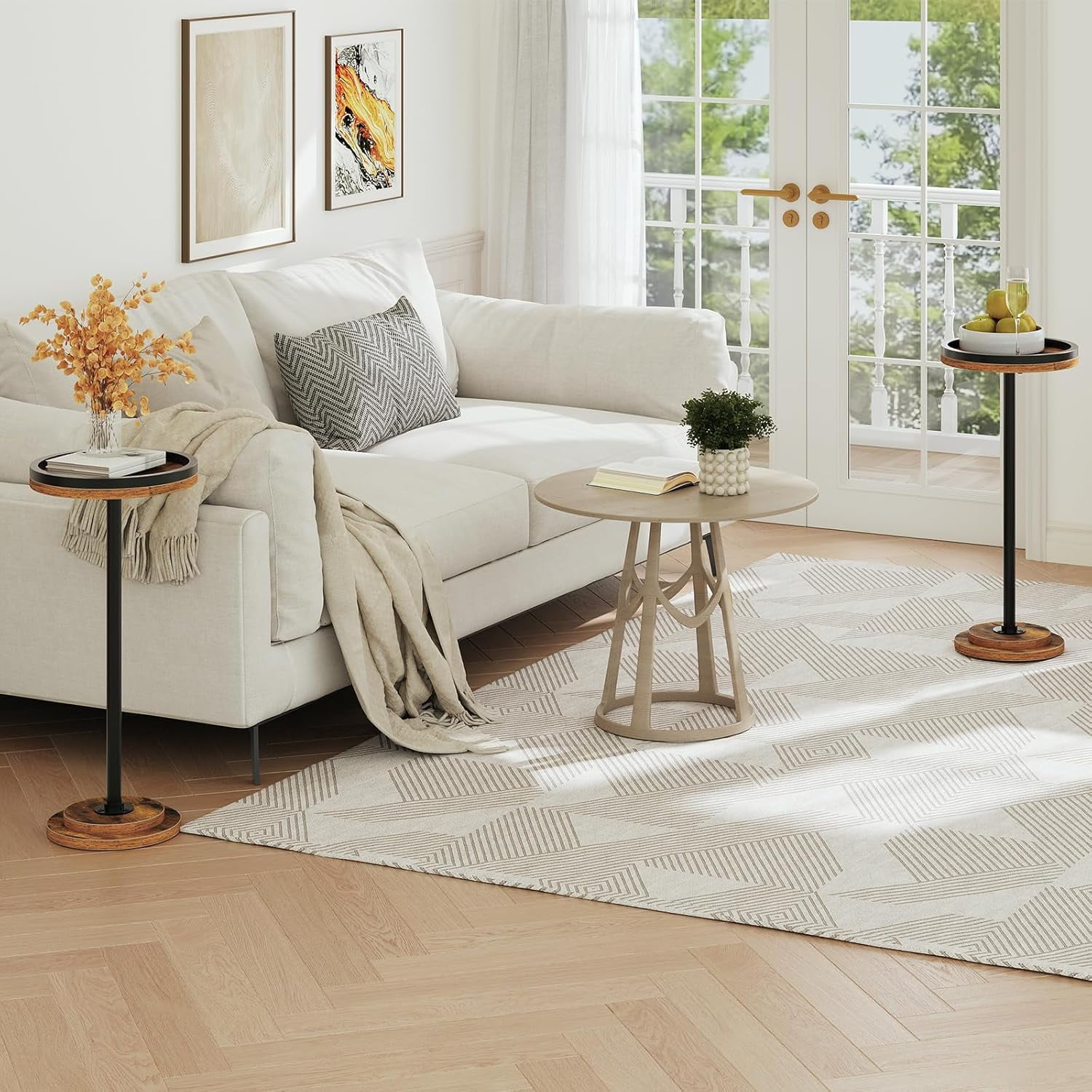 Small Round Side Tables Set of 2, Rustic Brown Drink Tables with ...