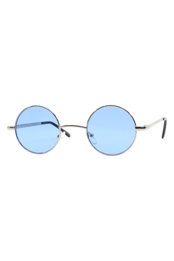 Small Round Sunglasses Perfect Circle Silver Frame Blue Lens Unisex UV 400