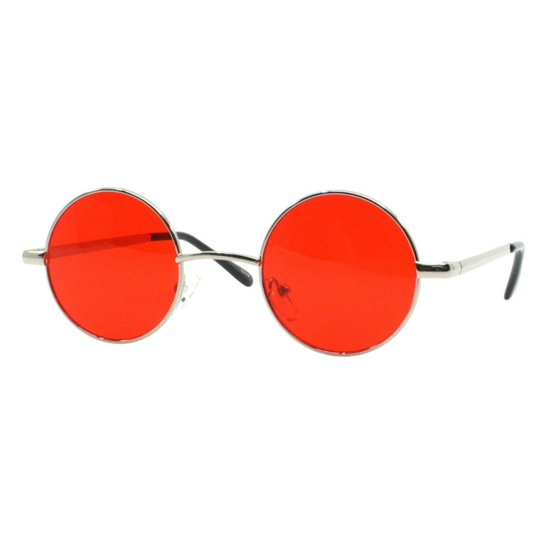 Small Round Sunglasses Perfect Circle Silver Frame Red Lens Unisex