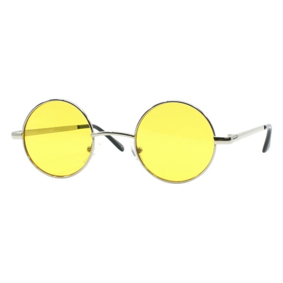 Small Round Sunglasses Perfect Circle Silver Frame Yellow Lens Unisex UV 400