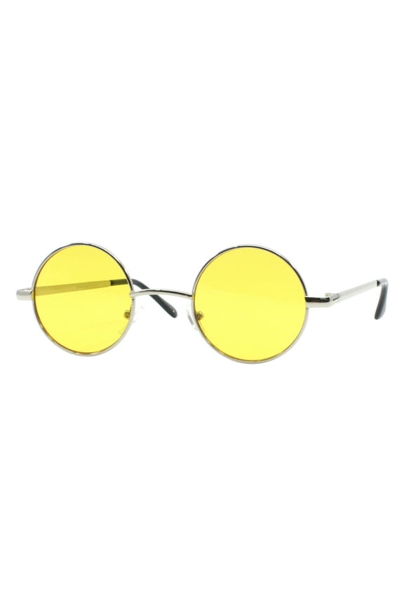 Small Round Sunglasses Perfect Circle Silver Frame Yellow Lens Unisex UV 400