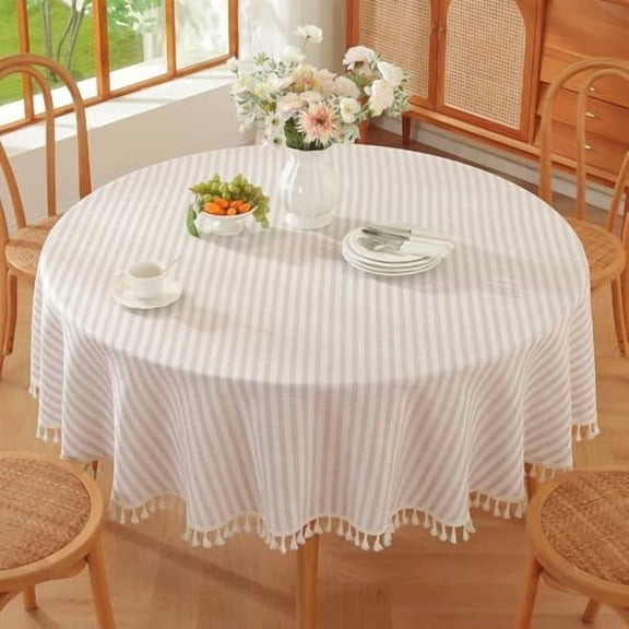 Small Round Table Cloth 60 Inch Beige Striped Cloth Tablecloth Boho Fall Round Tablecloths for Outdoor Table Cover (Beige,60",Round)