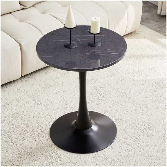 Small Round Table with Pedestal Base, Faux Marble Top Dining Table for Kitchen, Living Room, Cafe, Modern Bistro Table in Black and Gray