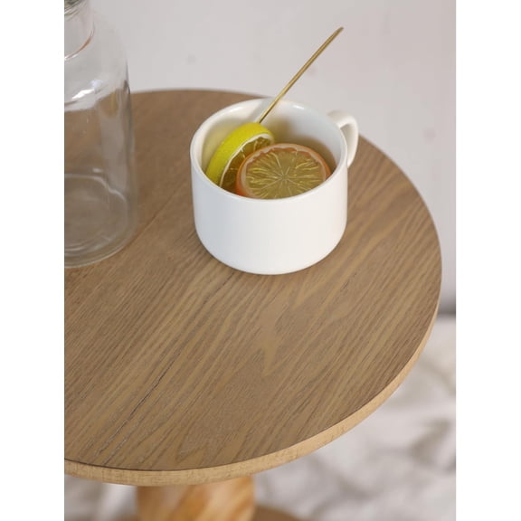 Small Round Wooden Side Table with Stacked Ball Pedestal Base, 12.4 X17.32 Accent Nightstand for Living Room, Bedroom, Corners (Natural)$$Furniture