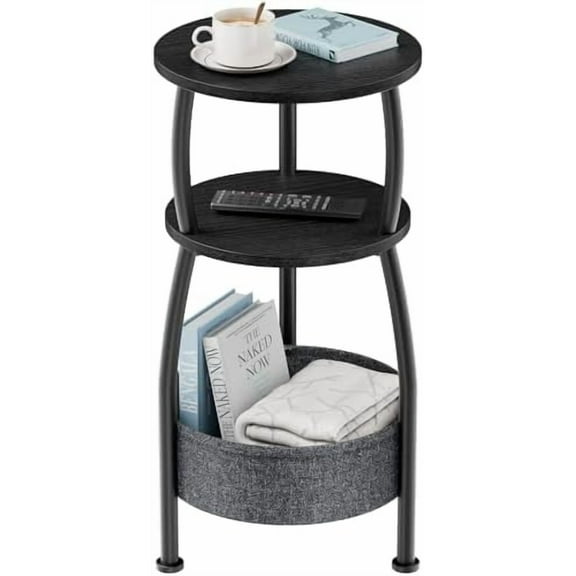 Small Round end Table for Living Room with Storage Basket –Small Space Saving End Table 3-Tier Accent Nightstand Couch Corner Table for Sofa, Bedroom, Patio and More 24in Tall Classic Black