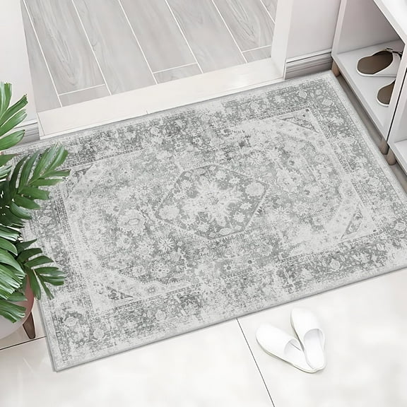 Small Rug Boho Area Rug Washable Beige Rugs for Bedroom Entryway Non Slip Throw Carpet for Bathroom Door Mat Shower Room Entrance Girls Soft Light Gray Floral Home Decor 2''x3''
