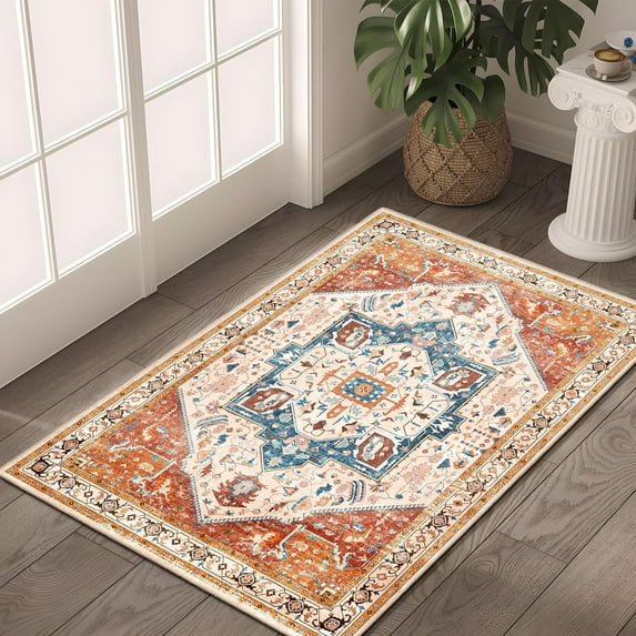 Small Rug Washable,Boho Area Rugs for Bathroom Entryway Entry Entrance Bedroom,Front Door Mat Soft Carpet Indoor Vintage Colorful Orange and Red Floral 2''x3''