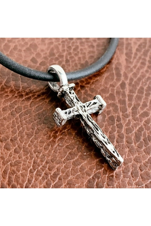 Small Rugged Wood Texture Cross Nail  Necklace