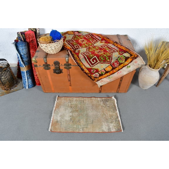 Small Rugs, Turkish Rug, Vintage Rug, Antique Rug, Rugs For Entry, 1.4x2.2 ft Green Rug, Door Mat Rug, Wool Rugs, Gift For Her, 13296