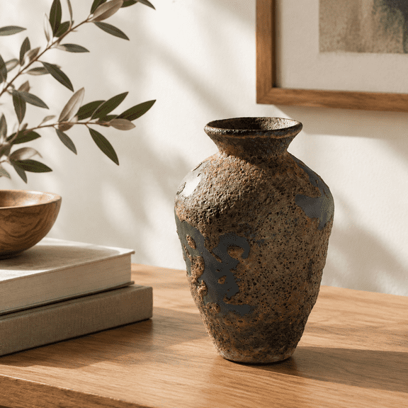 Small Rust-tall Ceramic Vase, Farmhouse Wabi Sabi Decorative Pottery for Floral Centerpieces