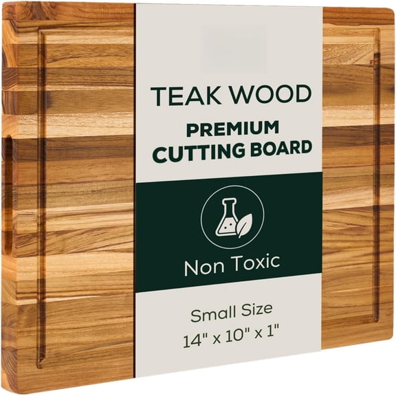 Small (S) Teak Grain Board, Reversible, -Friendly Charcuterie Board with Juice & Handles, Non-, Box Included (14" x 10" x 1")