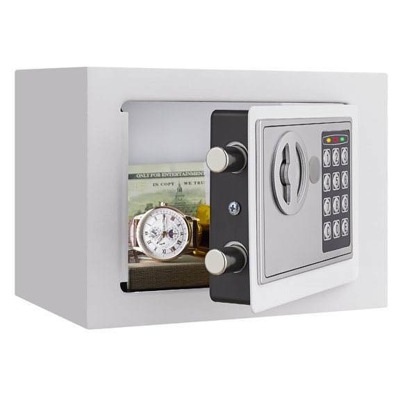 Small Safe for Home Use, 0.23 Cubic Feet Mini Security Box with Key and Password Lock, Metal Money Safe for Office, Wall Mountable or Desk Storage for Documents and Valuables