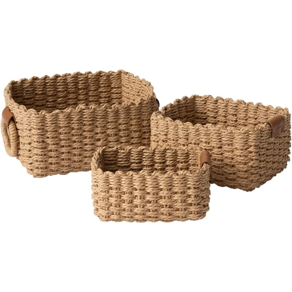 Small Sand Wicker Baskets Set of 3, Paper Rope Storage Baskets with Handle, Small Woven Baskets for Organizing, Decorative Cute Baskets for Gifts
