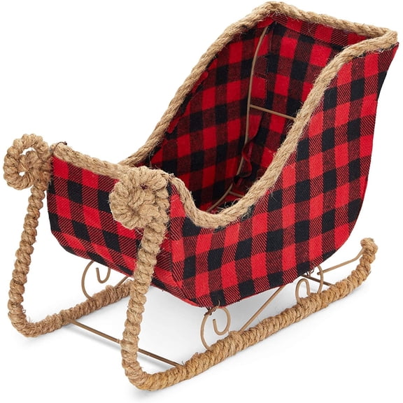 Okuna Outpost Buffalo Plaid Tabletop Sleigh - Tabletop Decor Centerpiece - Decorative Santa Sleigh Card & Gift Holder - Durable Buffalo Plaid Fabric & Iron Frame - 11"x 5"x 7.8", Black & Red