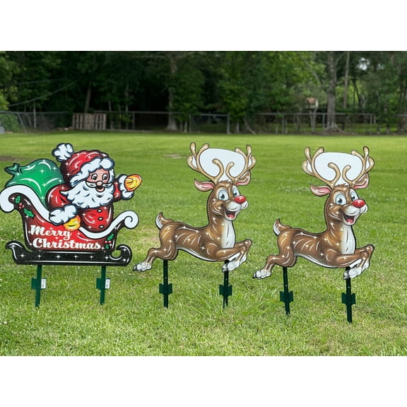 Small Santa in Sleigh with Flying Reindeers Yard Decoration