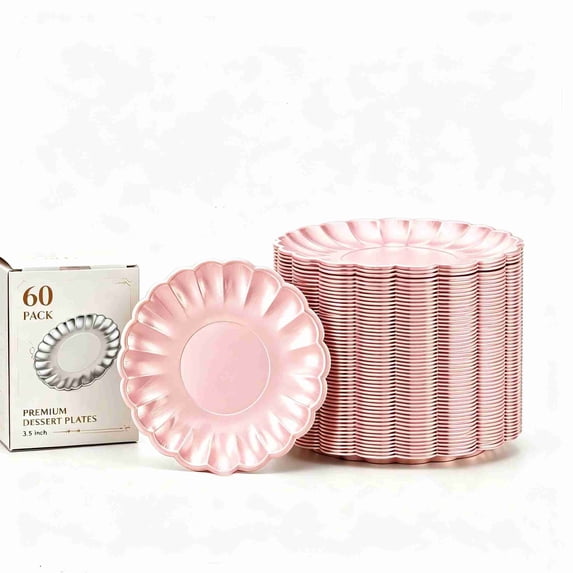 Small Scalloped Dessert Serving Plates 60 Count, 3.5 Inch Foil Cupcake Plates for Bridal Shower Holiday Dessert Table Decor, Pink