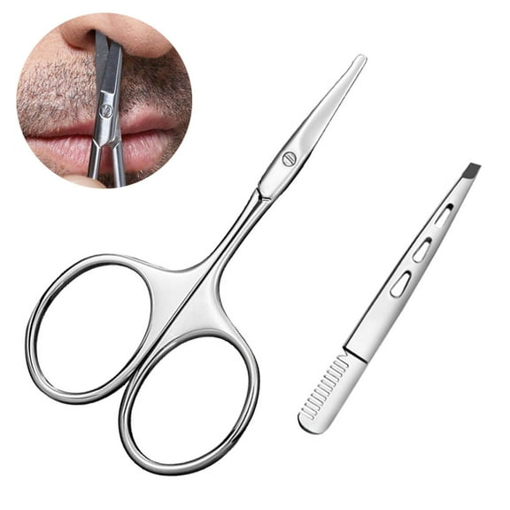 Curved and Rounded Facial Hair Scissors for Men - Mustache, Nose, Eyebrows, Eyelashes and Ear Hair Cutting Scissors - Professional Stainless Steel Trimming Scissors,Nose hair trimmer + eyebrow comb