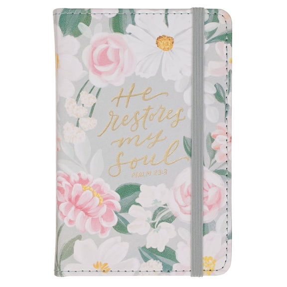 Pocket Notebook, He Restores My Soul - Psalm 23:3, Floral Sage Green Faux Leather, Ribbon Bookmark, Elastic Band Closure, 192 Lined Pages, Acid Free Paper, approx. size: 4" x 6"