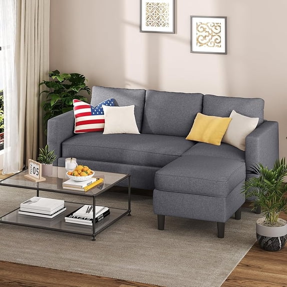 Image showcasing Small Sectional Couch Sofas, 3 Seat L Shape Sofa with Ottoman, Corduroy ...