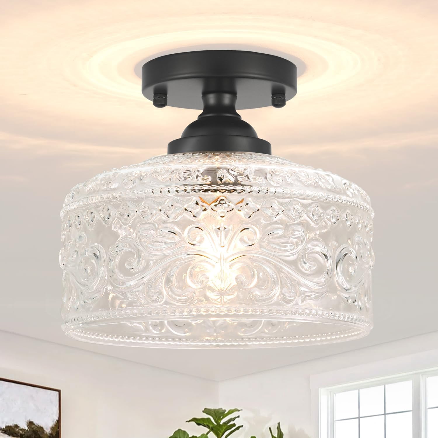 Small Semi Flush Mount Ceiling Light Fixture, Vintage Matte Black Close to Ceiling Lighting with Etched Glass Shade for Hallway, Kitchen, Entryway (Retro Design, Easy Install)