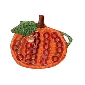 Small Sequin Orange Pumpkin with Vines Iron on Embroidered Patch
