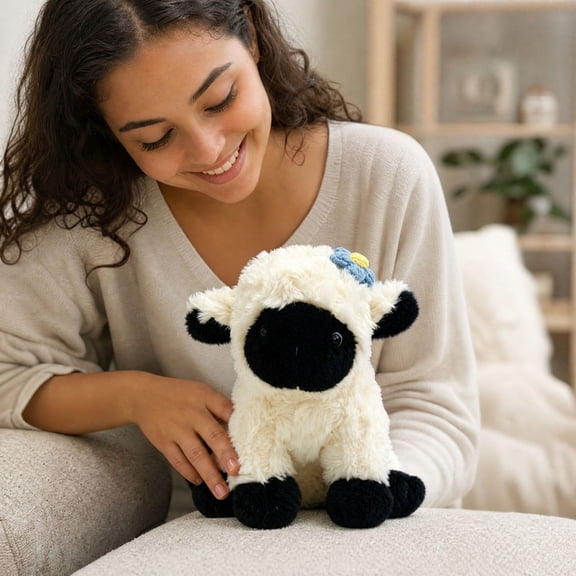 Small Sheep Doll, Black-Faced Curly Lamb Toy Decorated with Blue Flowers and Soft Pillow for Children Sleeping Comfort, Nursery Decor, Birthday Gifting, and Huggable Warmth