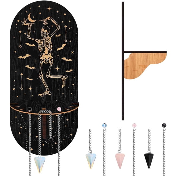 Small Shelf Dancing Black Display Holder Pendulum Holder Magical Wooden Hanging Rustic Stand with 3 Pieces Natural Stones for Room Decor Wall Frame Gift