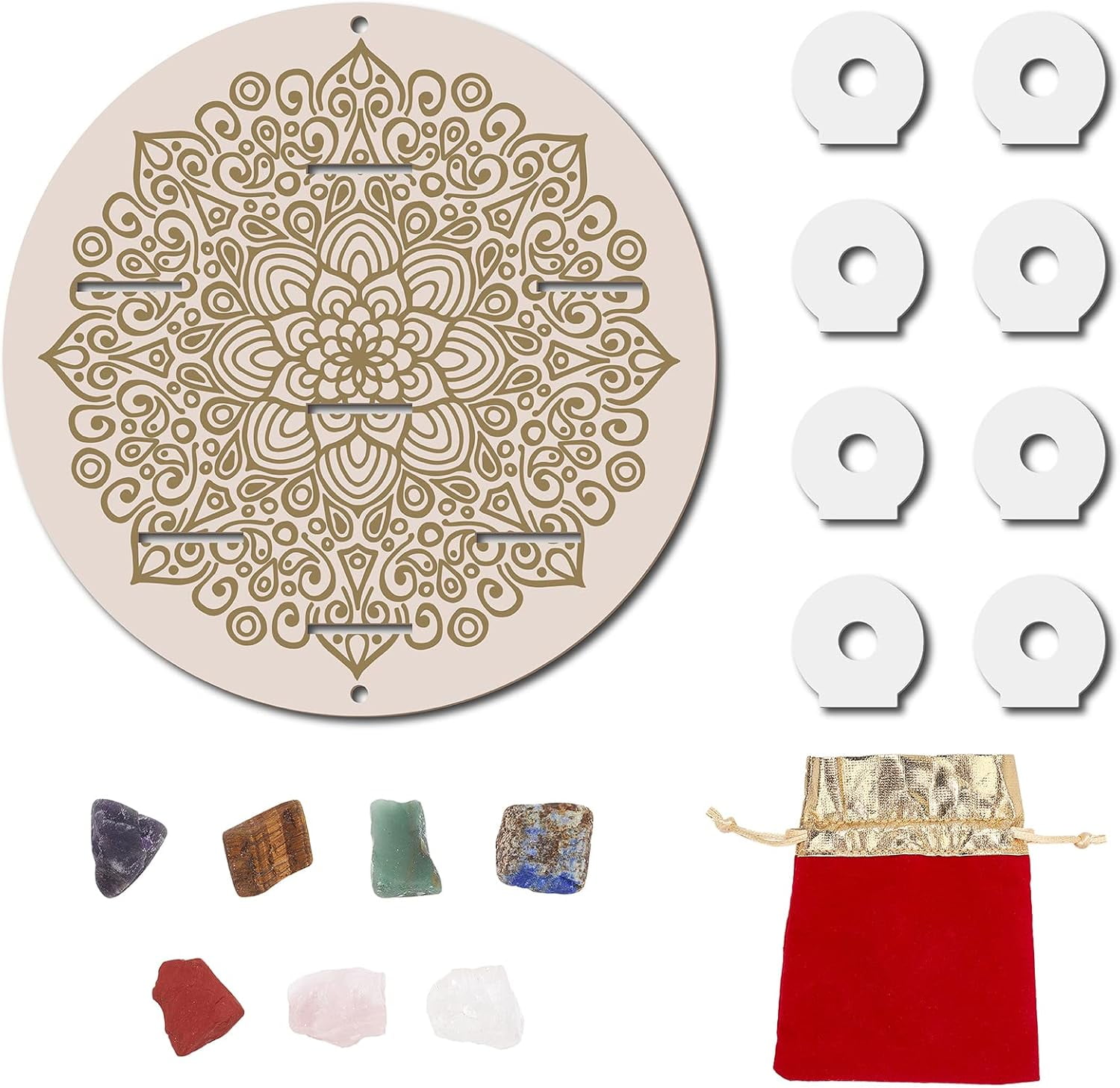 Small Shelf Display +Stones Set Mandala Geometry Round Wooden Holder ...