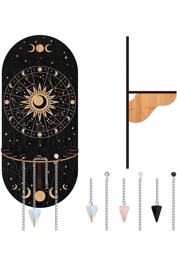 Small Shelf Sun Black Display Holder Phase of The Moon Pendulum Holder Magical Wooden Hanging Rustic Stand with 3 Pieces Natural Stones