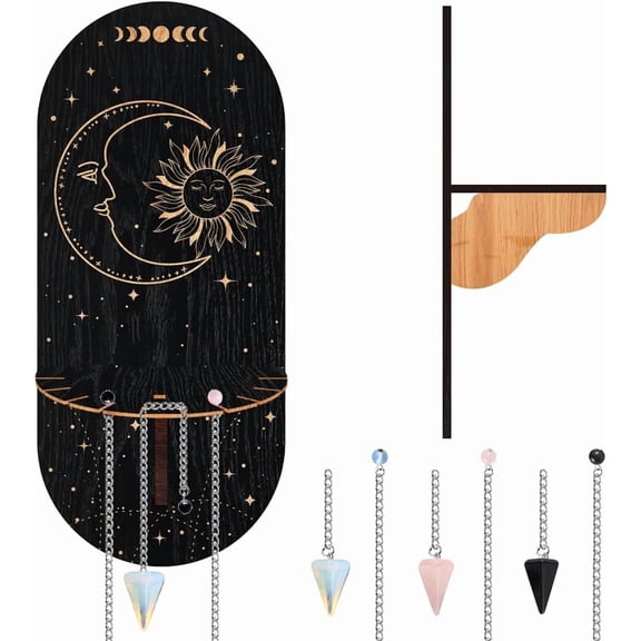 Small Shelf Sun and Moon Black Display Shelf Magical Boho Wooden Wall Mounted Hanging Rustic Holder Stand with 3 Pieces Crystals Stones for Wall Decor 1bag