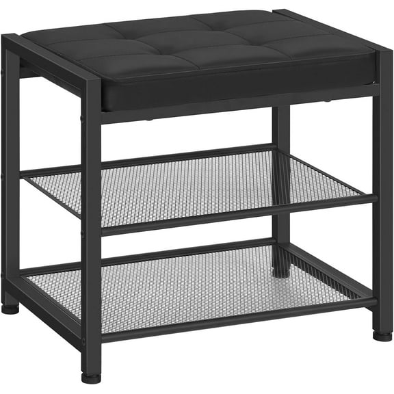 Small Shoe Bench, 3-Tier Shoe Rack, Shoe Storage Bench with PU Seat Cushion, Entryway Shoe Rack Bench with Metal Mesh Shelves, Freestanding Shoe Organizer for Hallway, Black BB33HX01