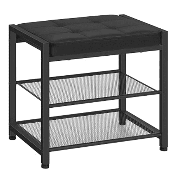 Small Shoe Bench, 3-Tier Shoe Rack, Shoe Storage Bench with PU Seat Cushion, Entryway Shoe Rack Bench with Metal Mesh Shelves, Freestanding Shoe Organizer for Hallway, Black