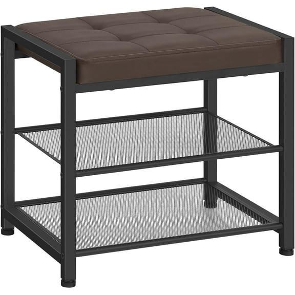 Small Shoe Bench, 3-Tier Shoe Rack, Shoe Storage Bench with PU Seat Cushion, Entryway Shoe Rack Bench with Metal Mesh Shelves, Freestanding Shoe Organizer for Hallway, Brown