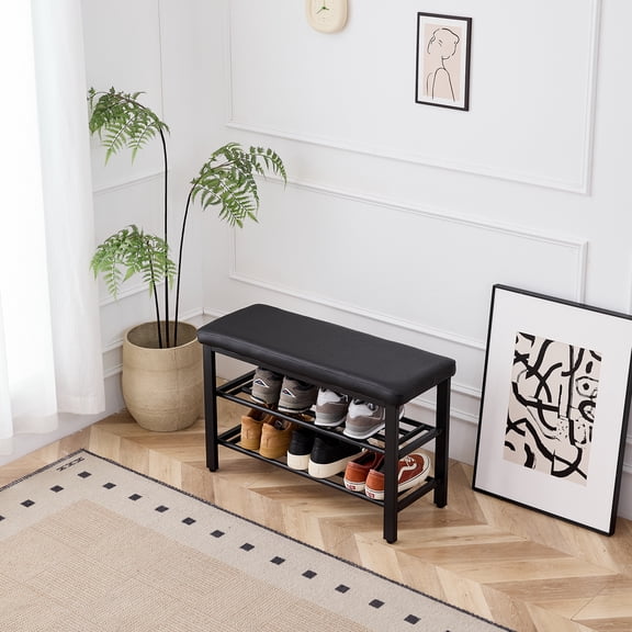 Small Shoe Bench, 3-Tier Shoe Rack, Shoe Storage Bench with PU Seat Cushion, Entryway Shoe Rack Bench with Metal Mesh Shelves, Freestanding Shoe Organizer for Hallway