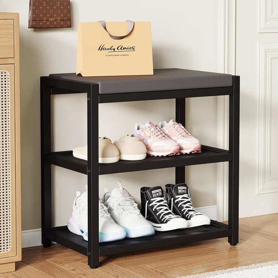 Small Shoe Bench Shoe Rack Storage Bench Entryway Bench Shoe Shelf with Seat Cushion, Stable Shoe Organizer for Entryway, Living Room, Bench Seat Holds Up to 300 lb, (17"x 10"x 16", L x W x H)