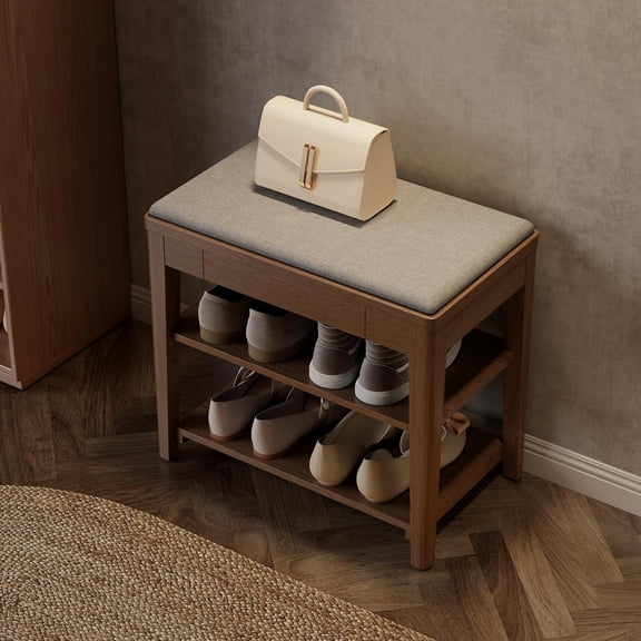 Small Shoe Bench with Storage, Wooden Shoe Storage Bench with Cushion& Drawer, 2-Tier Shoe Rack Bench for Entryway, Mudroom, Hallway